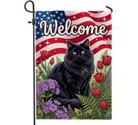 Drapeau de jardin illustratif chat bienvenue patriotique 30,5 x 45,7 cm | Thème patriotique, drapeau de pelouse, tulipes rouges, phlox violet, décoration de cour, cadeau pour amoureux des chats