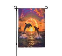 Drapeau de jardin imprimé dauphins coucher de soleil 71,1 x 101,6 cm, drapeau de maison double face en polyester pour terrasse, porche, pelouse, décoration extérieure