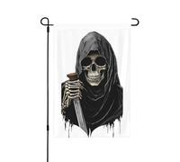 Drapeau de jardin imprimé Grim-Reaper 71,1 x 101,6 cm double face, drapeau extérieur de bienvenue saisonnière pour maison extérieure, printemps, été, automne, décoration de cour