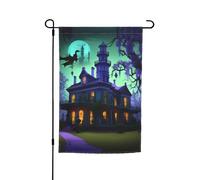 Drapeau de jardin imprimé manoir hanté noir pour pelouse, villa - Drapeau décoratif pour extérieur, cour, maison, extérieur, terrasse, pelouse