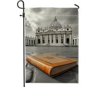 Drapeau de jardin inspiré du Vatican, livre orange antique avec fond basilique, décoration d'intérieur toute l'année, drapeaux de jardin, drapeau de cour en tissu double face, décoration de pelouse