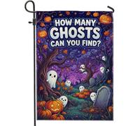 Drapeau de jardin interactif Halloween chasse aux fantômes 30,5 x 45,7 cm | Patch citrouilles, drapeau de cour, forêt effrayante, pierre tombale, feuilles d'automne, défi interactif