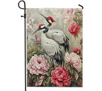 Drapeau de jardin japonais de grue orientale asiatique vintage oiseau floral pivoines plantes marron rose lin imprimé panneau décoration motif grande maison intérieur extérieur patio drapeau double