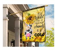 Drapeau De Jardin Jardin Signe Durable Drapeau De Décoration Décoration Pour Patio Pelouse Porche Une Vache Laitière Mignonne Et Des Tournesols Dans Un Monde Rempli D'Animaux. Sois Un Éléphant. S