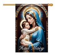 Drapeau De Jardin Je Vous Salue Marie Vierge Marie Église Catholique Bleu Or Religieux Drapeaux Décoratifs Avec Œillets Bannière Extérieure Pour Intérieur Décorations Fête 70X102Cm