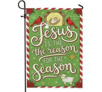 Drapeau de jardin Jésus, mouton cardinal festif de Noël en toile de jute verte double face pour extérieur, porche, pelouse, terrasse, 30,5 x 45,7 cm