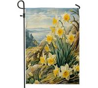 Drapeau de jardin jonquilles printanières, joli floral esthétique, paysage de montagne, forêt, nature, lin vert, décoration de fête, toile de jute, extérieur, pelouse, maison, maison, drapeau de cour