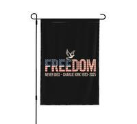 Drapeau de jardin « La liberté ne meurt jamais » Charlie Kirk 1993-2025 Drapeaux de jardin personnalisés 12 x 18 Doubl