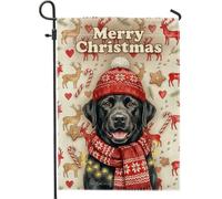 Drapeau de jardin Labrador noir de Noël 30,5 x 45,7 cm | Portrait de labrador noir, drapeau de cour, bonnet et écharpe d'hiver tricotés, motif renne, accents de canne à sucre