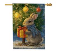 Drapeau de jardin lapin de Noël, joli lapin tenant un cadeau sous un arbre, décoration extérieure double face, bannière de pelouse en toile de jute pour fête d'hiver, 71 x 101 cm