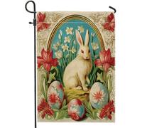 Drapeau de jardin lapin de Pâques fleur rouge joli animal baroque luxe rétro antique turquoise lin mini lourd épais maison fête intérieur extérieur patio boîte aux lettres pelouse extérieur avant cour