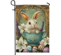 Drapeau de jardin lapin de Pâques, tasse à thé bleu pastel, décoration extérieure saisonnière, drapeau de cour en tissu double face pour décoration de pelouse de printemps, vacances, 30,5 x 45,7 cm