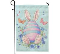 Drapeau de jardin lapin de Pâques, œuf rayé bleu avec papillons floraux, décoration extérieure, drapeaux de cour saisonniers de printemps, jolie décoration de pelouse, drapeaux en tissu double face
