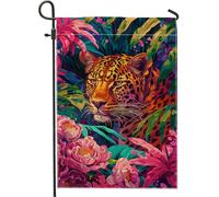 Drapeau de jardin léopard à fleurs de la jungle, décoration florale vibrante, drapeau d'été tropical, décoration extérieure double face, 30,5 x 45,7 cm