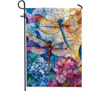 Drapeau de jardin libellule coloré, bannière de jardin florale décorative bleue et rouge, drapeau de cour double face, printemps été, décoration d'intérieur, scène naturelle vibrante, décoration de