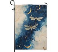 Drapeau de jardin libellule lune et étoiles, bannière de décoration extérieure céleste bleu marine, drapeau de cour double face en toile de jute, décoration saisonnière de pelouse, 30,5 x 45,7 cm