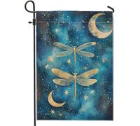 Drapeau de jardin libellule lune étoiles, bannière bleue cosmique pour décoration d'intérieur, drapeau de cour double face en toile de jute, décoration de pelouse extérieure 30,5 x 45,7 cm