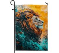 Drapeau de jardin lion majestueux, orange vif et bleu sarcelle, décoration d'extérieur double face en toile de jute, décoration d'intérieur saisonnière pour les amateurs de la faune, 30,5 x 45,7 cm