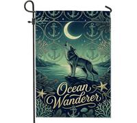 Drapeau de jardin loup, aventure nautique, ancres lunaires, bleu sarcelle, double face, en toile de jute, drapeaux décoratifs pour extérieur, porche, pelouse, terrasse, 30,5 x 45,7 cm