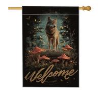 Drapeau de jardin loup de la forêt d'automne, scène de nuit noire avec champignons et papillons, décoration extérieure, bannière de bienvenue double face pour décoration de pelouse, 71 x 101 cm