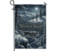 Drapeau de jardin loup, nature, montagnes, neige, hiver, bleu, double face, en toile de jute, drapeaux décoratifs pour extérieur, terrasse, pelouse, porche, balcon, 30,5 x 45,7 cm