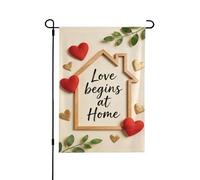 Drapeau de jardin « Love Begins at Home » - 30,5 x 45,7 cm - Pour l'extérieur, décoration extérieure, décorations de jardin pour toutes les saisons