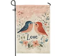 Drapeau de jardin Love Birds - Pêche - Décorations florales d'extérieur - Printemps et été - Décoration d'intérieur en toile de jute double face - Décoration romantique pour pelouse - 30,5 x 45,7 cm