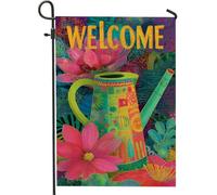 Drapeau de jardin lumineux de bienvenue, arrosoir floral coloré, décoration extérieure, bannière de pelouse double face printemps-été, décoration artistique de cour 30,5 x 45,7 cm