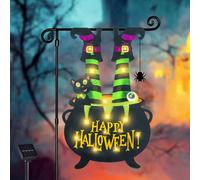 Drapeau de jardin lumineux d'Halloween pour l'extérieur, drapeau solaire à DEL 8 modes en forme de pieds de sorcière, 30,5 x 45,7 cm, chaudron double face, décoration de chat noir pour maison, porche