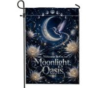 Drapeau de jardin lunaire, colibri mystique fantastique, nénuphar, bleu nuit, double face, décoration extérieure pour extérieur, pelouse, porche, terrasse, entrée, 30,5 x 45,7 cm