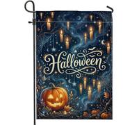 Drapeau de jardin magique avec bougie d'Halloween et citrouilles 30,5 x | Bougies flottantes, drapeau de cour, toiles d'araignée mystiques, lanternes Jack-o'-lanternes, atmosphère magique sombre