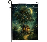 Drapeau de jardin magique de nuit, cabane dans l'arbre enchantée avec lucioles, bannière de décoration d'intérieur, drapeau de cour double face pour décoration de pelouse extérieure d'automne 30,5 x