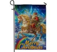 Drapeau de jardin magique de Père Noël, bannière colorée de décoration de vacances de cheval magique, drapeau de cour double face en toile de jute, décoration de pelouse extérieure 30,5 x 45,7 cm