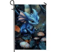 Drapeau de jardin magique en forme de dragon bleu, créature fantastique avec champignons, bannière de pelouse décorative double face, charmante décoration extérieure printemps-été, 30,5 x 45,7 cm