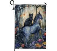 Drapeau de jardin magique fantaisie cheval et chat, drapeau magique bleu fantaisie pour décoration d'intérieur, drapeau de pelouse double face pour enchantement extérieur, décoration florale