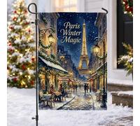 Drapeau de jardin magique magique Paris paysage urbain Paris 30,5 x 45,7 cm | Scène de rue enneigée, drapeau de pelouse, architecture de ville romantique, signalisation extérieure décorative