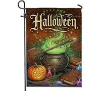 Drapeau de jardin magique sur le thème du chaudron d'Halloween 30,5 x 45,7 | Thème sorcellerie, drapeau de pelouse, livres de sorts mystiques, jack-o-lantern, baguette de magicien, décoration de jardin