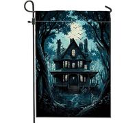 Drapeau de jardin maison hantée, bleu foncé, décoration d'Halloween effrayante, drapeau double face en toile de jute, décoration de pelouse d'automne, accessoire de maison effrayant 30,5 x 45,7 cm