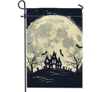 Drapeau de jardin maison hantée effrayant d'Halloween, pleine lune noire et blanche avec chauves-souris, décoration de vacances, drapeau de patio double face, décoration de pelouse extérieure