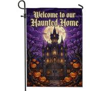 Drapeau de jardin maison hantée, effrayant gothique citrouilles lune Halloween violet double face en toile de jute petit drapeau de jardin cour pour extérieur, pelouse, porche, terrasse, entrée 30,5 x