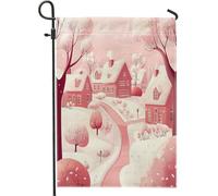 Drapeau de Jardin Maison Roses d'un village de Noël sous la neige Bannière | 12x18 Inch Amusant Drapeau décoratif Suspendre Bannière décorative pour Intérieur Fête Extérieure