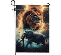 Drapeau de jardin majestueux lion éléphant, décoration vibrante de la maison de la faune, décoration de pelouse en plein air, drapeau sur le thème de la nature, drapeau de printemps et d'été