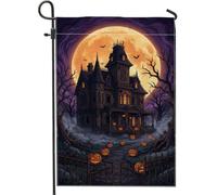 Drapeau de jardin manoir hanté, effrayant gothique citrouilles lune Halloween toile de jute noire double face petit drapeau de jardin pour extérieur, terrasse, pelouse, porche, entrée, camping 30,5 x