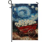 Drapeau de jardin marguerite d'été, fleurs blanches dans chariot rouge, bannière de décoration d'intérieur extérieure, drapeau double face en toile de jute pour décoration de pelouse, 30,5 x 45,7 cm