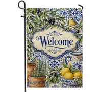 Drapeau de jardin méditerranéen rustique vert olive lavande été bleu été double face en toile de jute décorative pour extérieur, porche, pelouse, terrasse, 30,5 x 45,7 cm