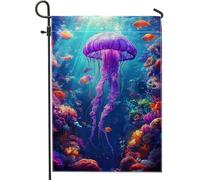Drapeau de jardin méduses colorées, décoration de créatures océaniques violettes pour décoration extérieure, bannière double face en polyester, art de pelouse sur le thème de l'océan pour fêtes d'été