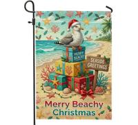 Drapeau de jardin Merry Beachy Christmas Coastal Gull, 30,5 x 45,7 cm | Thème côtier tropical, drapeau de pelouse, chapeau de Père Noël, mouette côtière, boîtes cadeaux empilées, couleurs vives
