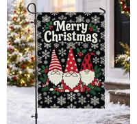 Drapeau de jardin « Merry Christmas » - 30,5 x 45,7 cm | Trio de nains de jardin, chapeaux rouges festifs, motif flocon de neige blanc, thème vacances d'hiver