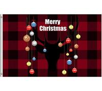 Drapeau De Jardin Merry Christmas Deer Balls Winter Holiday Decorations Red And Black Plaid Drapeaus Décoratif Amusante Pride Flag Antifouling Drapeau De Bienvenue Pour Patio Pelouse 152X90CM