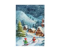 Drapeau de jardin « Merry Christmas » pour enfants, ski dans le village, impression double face, festival, vacances, décoration bannières pour cour, ferme, fête, 71,1 x 101,6 cm